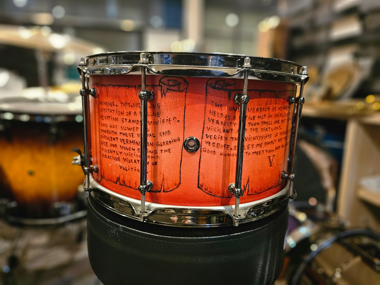 SJC custom V for Vendetta engraved 10-ply Maple 14x8 snare drum