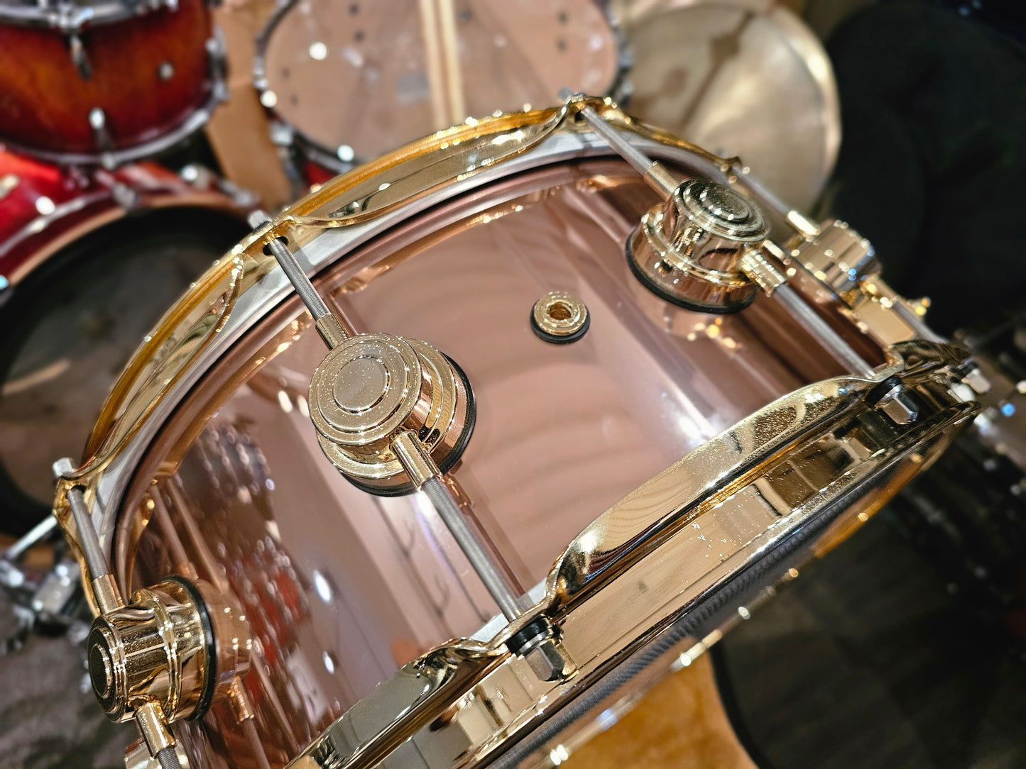 DW Collectors PurpleCore w/Cherry Rose gold graphic w/ gold hw 14x6 snare drum