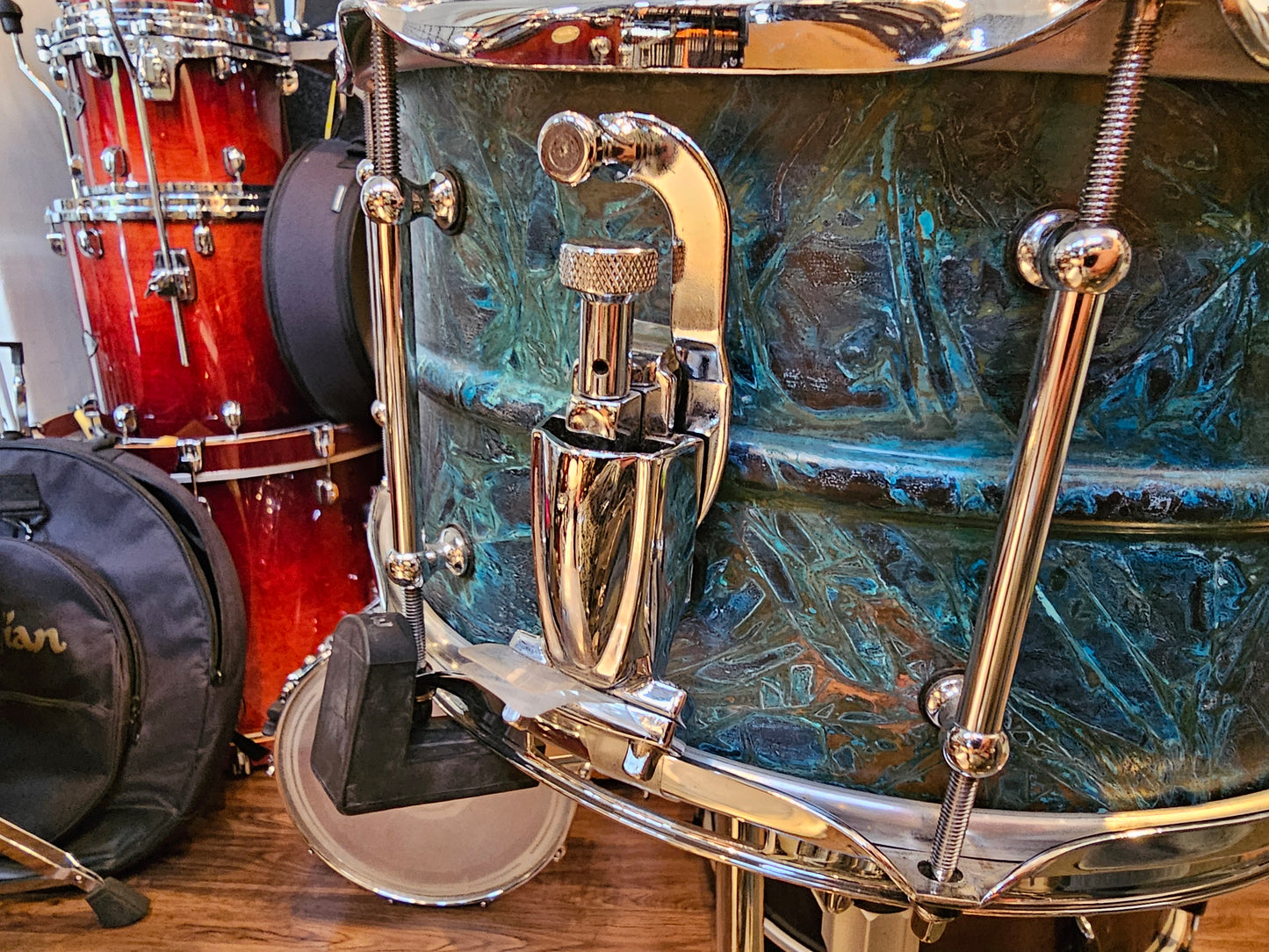 Porkpie Patina brass shell snare drum 13x7