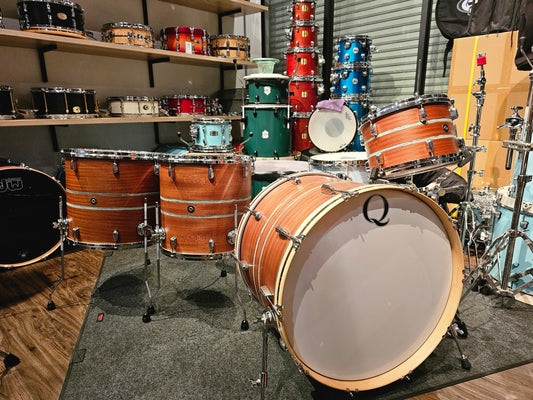 Q Drum Co. custom Mahogany w/ Poplar rings copper inlay 4 pcs. drums set