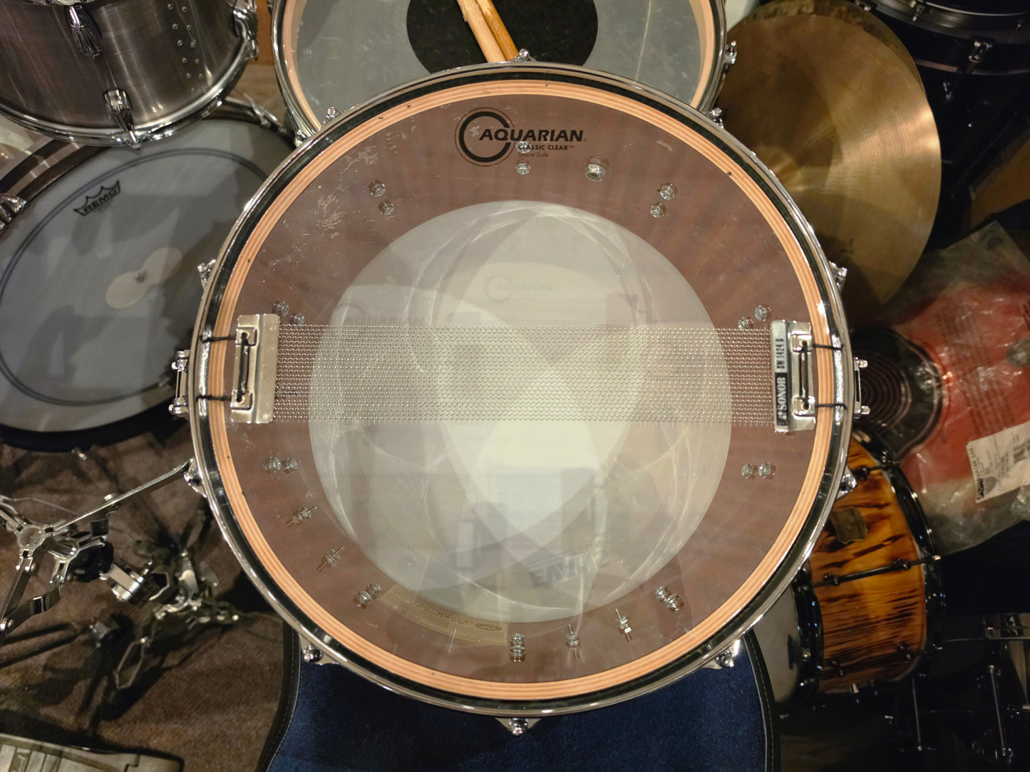 DW Collectors chrome over Maple/Mahogany 14x6.5 snare drum