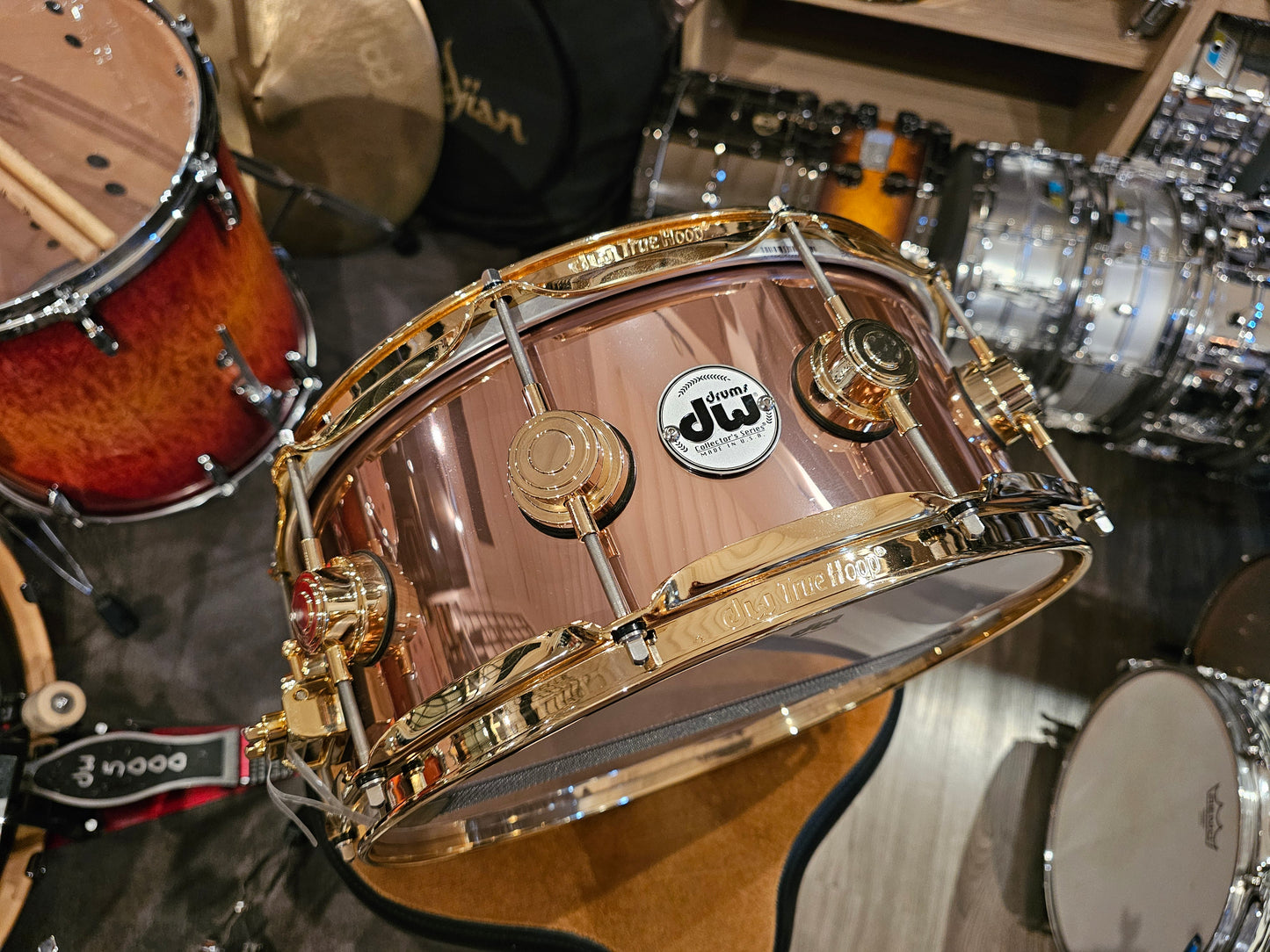DW Collectors PurpleCore w/Cherry Rose gold graphic w/ gold hw 14x6 snare drum
