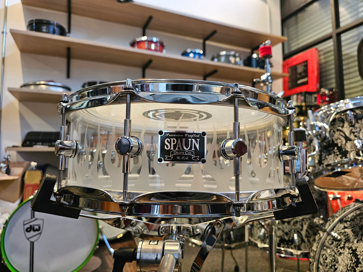 Spaun sandblasted flame acrylic shell snare drum 14x5.5