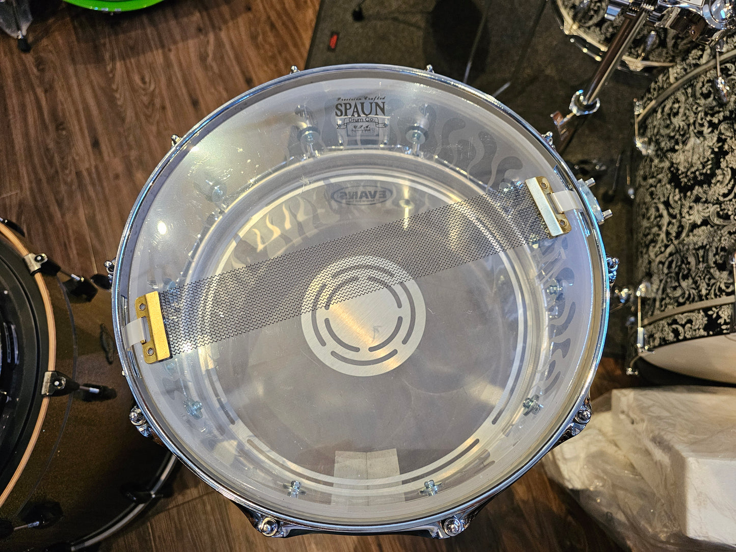 Spaun sandblasted flame acrylic shell snare drum 14x5.5