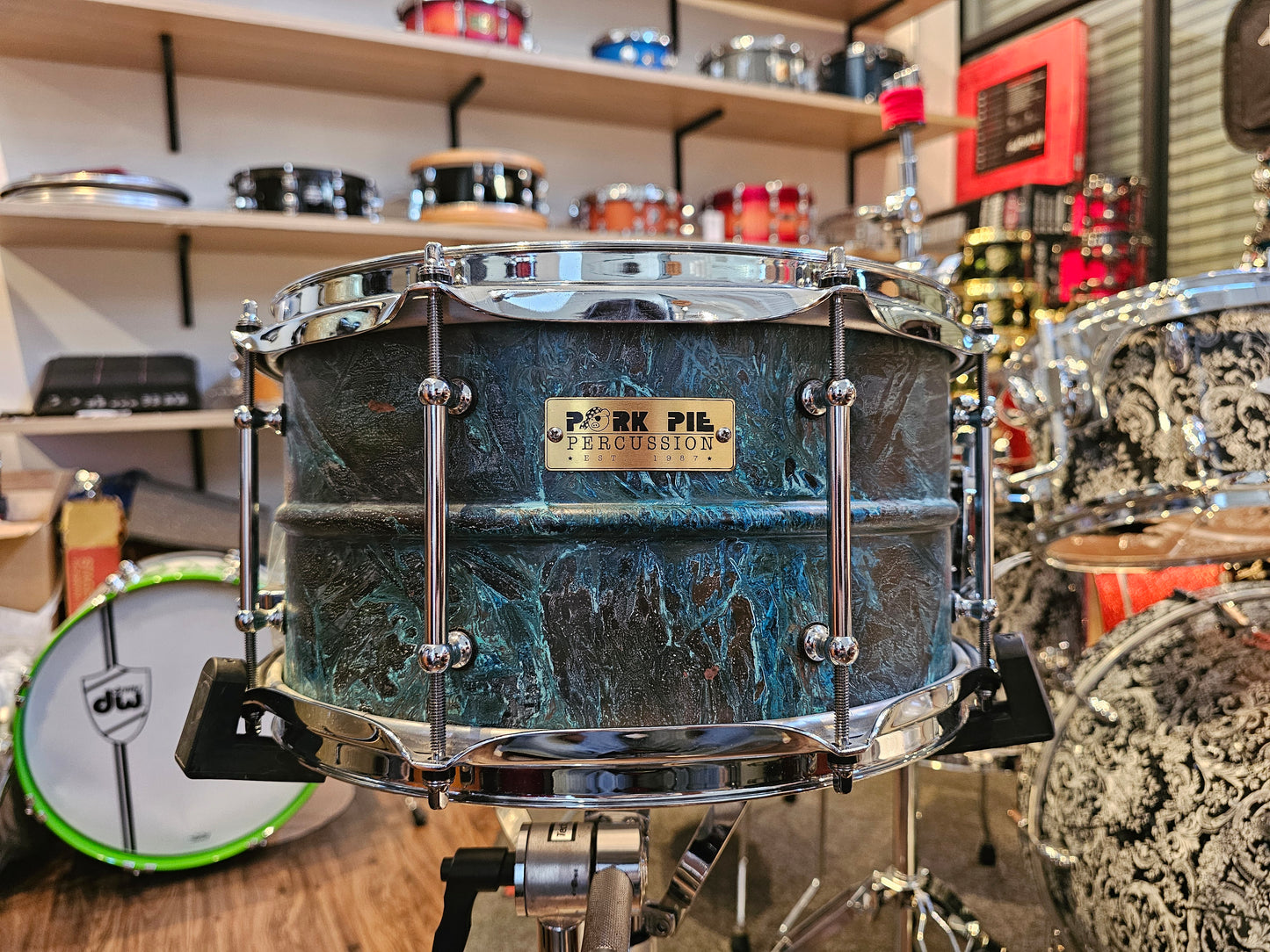 Porkpie Patina brass shell snare drum 13x7