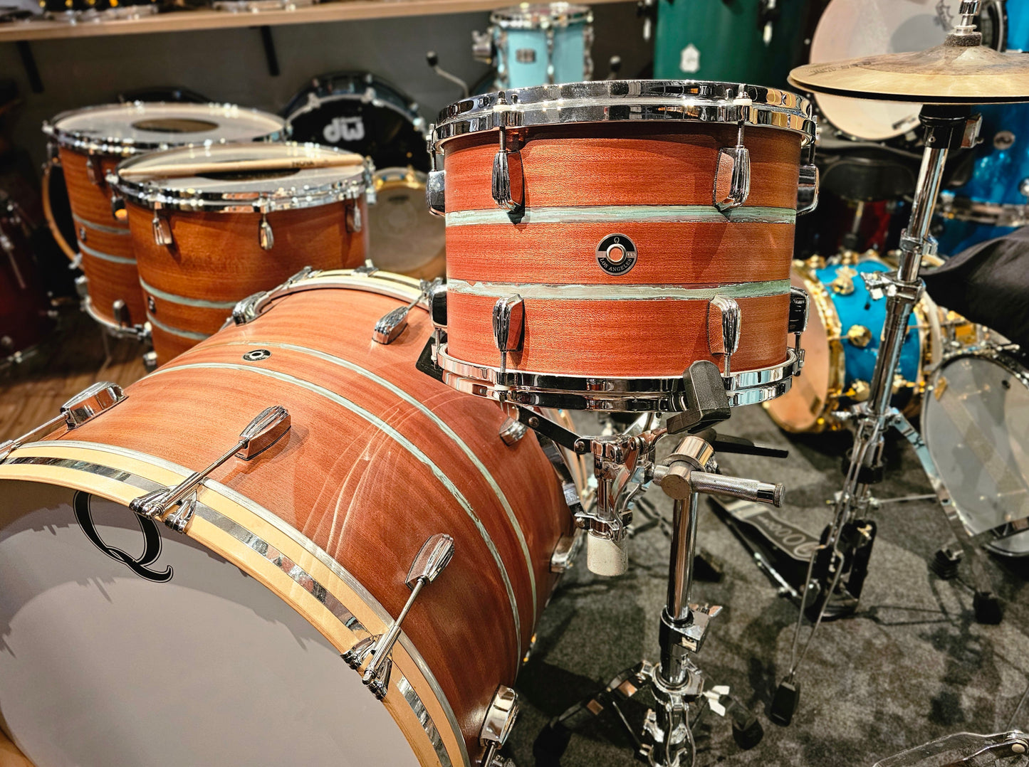 Q Drum Co. custom Mahogany w/ Poplar rings copper inlay 4 pcs. drums set