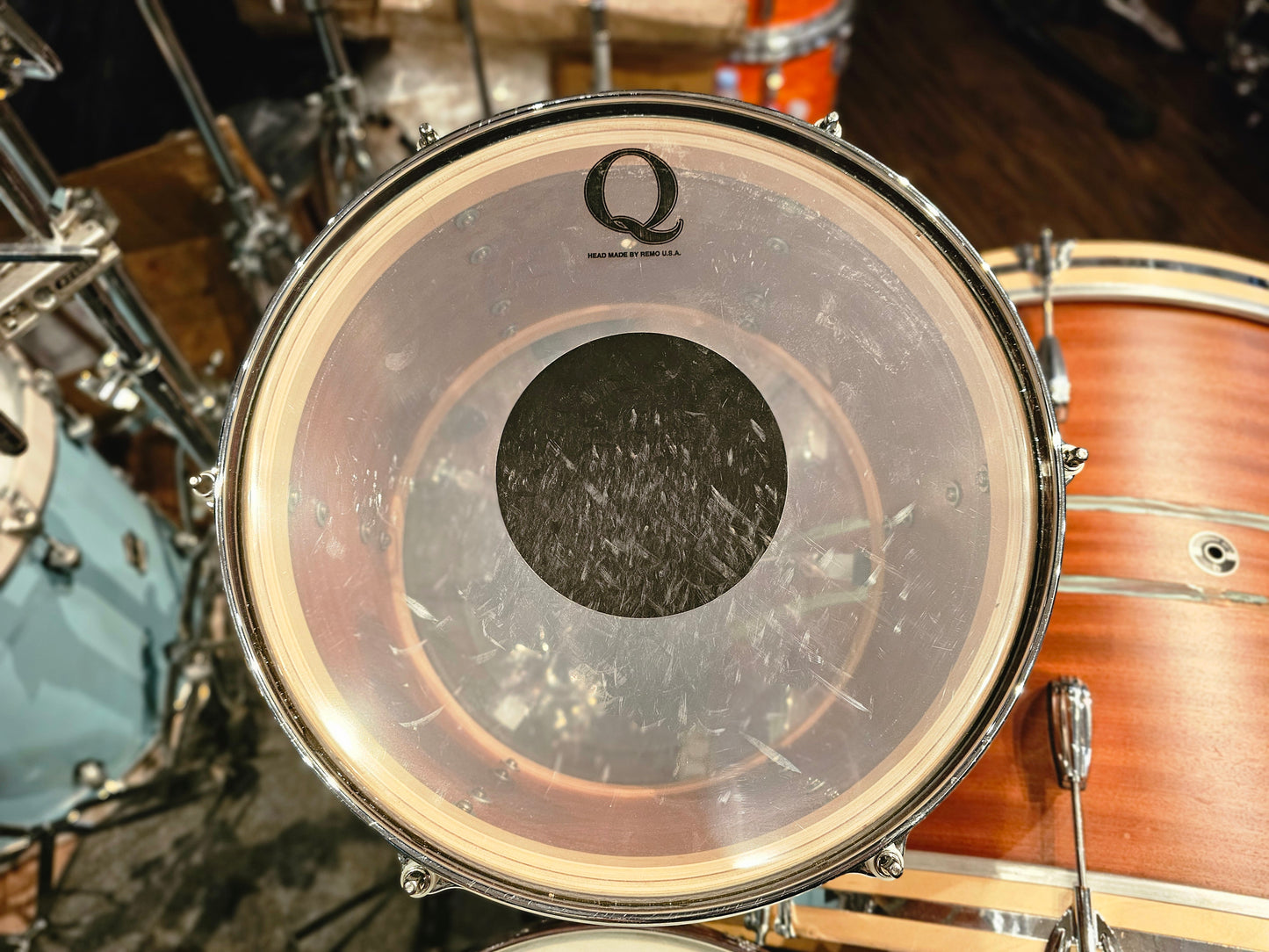 Q Drum Co. custom Mahogany w/ Poplar rings copper inlay 4 pcs. drums set
