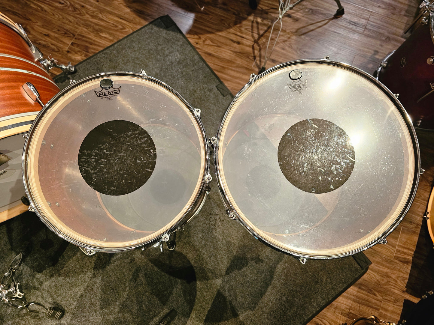 Q Drum Co. custom Mahogany w/ Poplar rings copper inlay 4 pcs. drums set