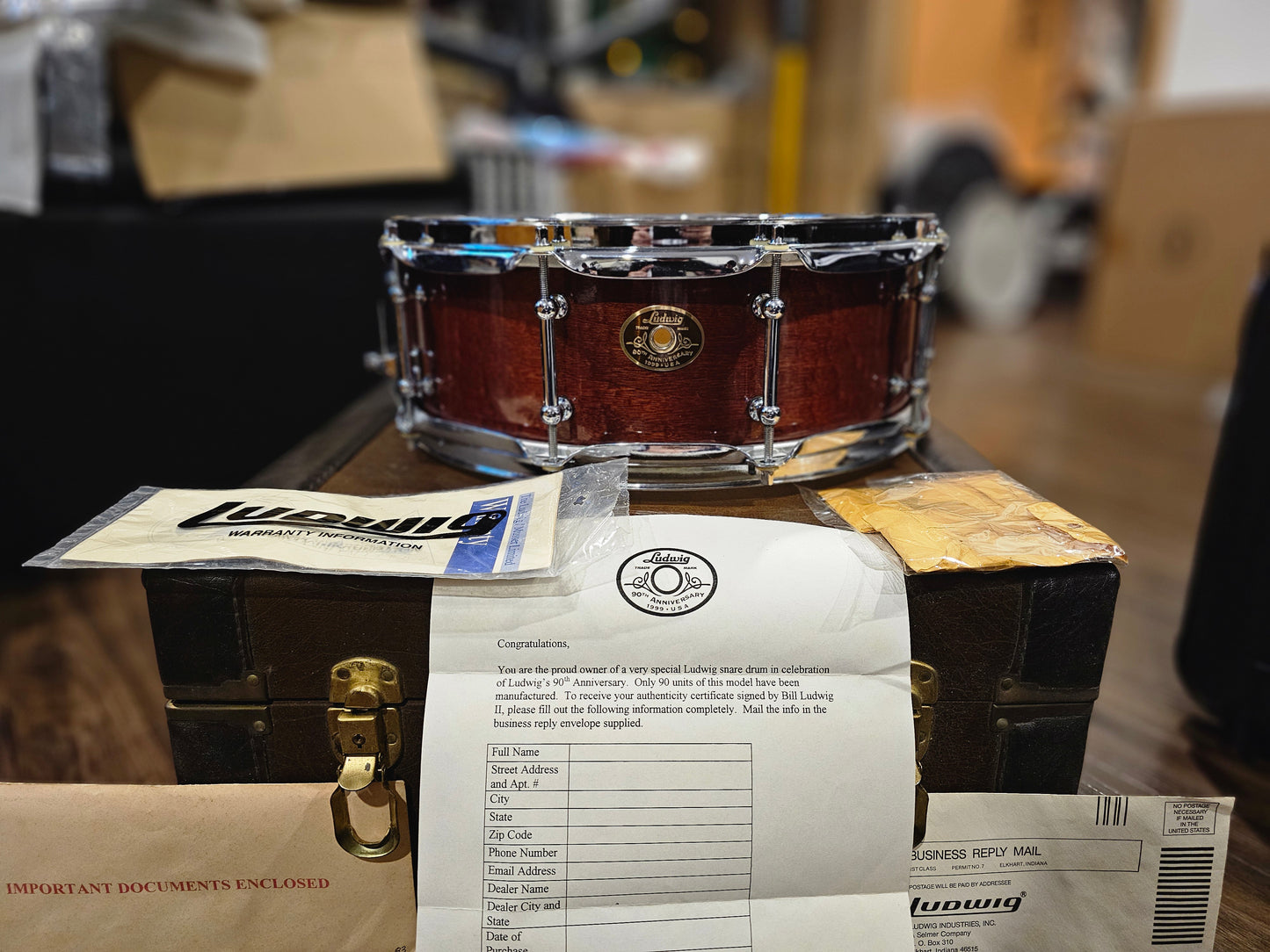 Ludwig 90th anniversary exotic 14x5 snare drum w/ leather hard case