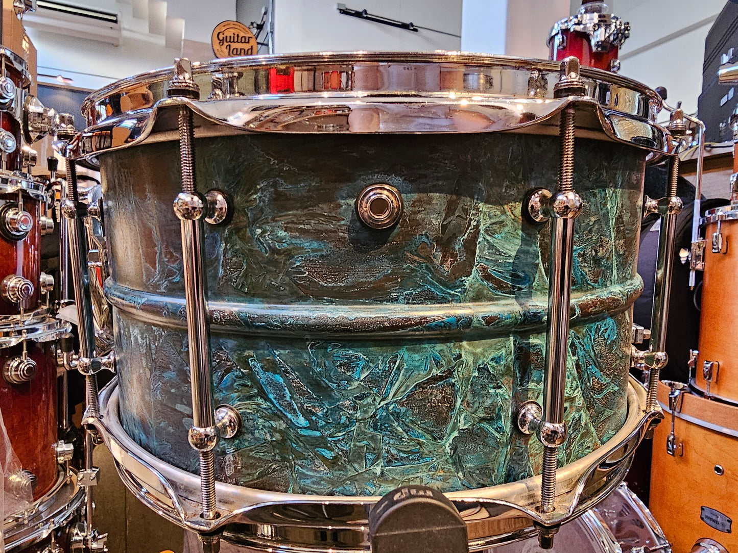 Porkpie Patina brass shell snare drum 13x7